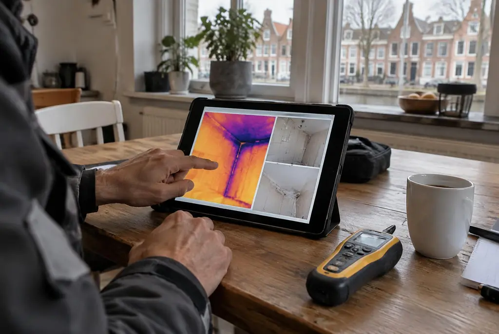 Lekdetectie Eemnes – lekdetectierapport met warmtebeelden en foto's op een tablet