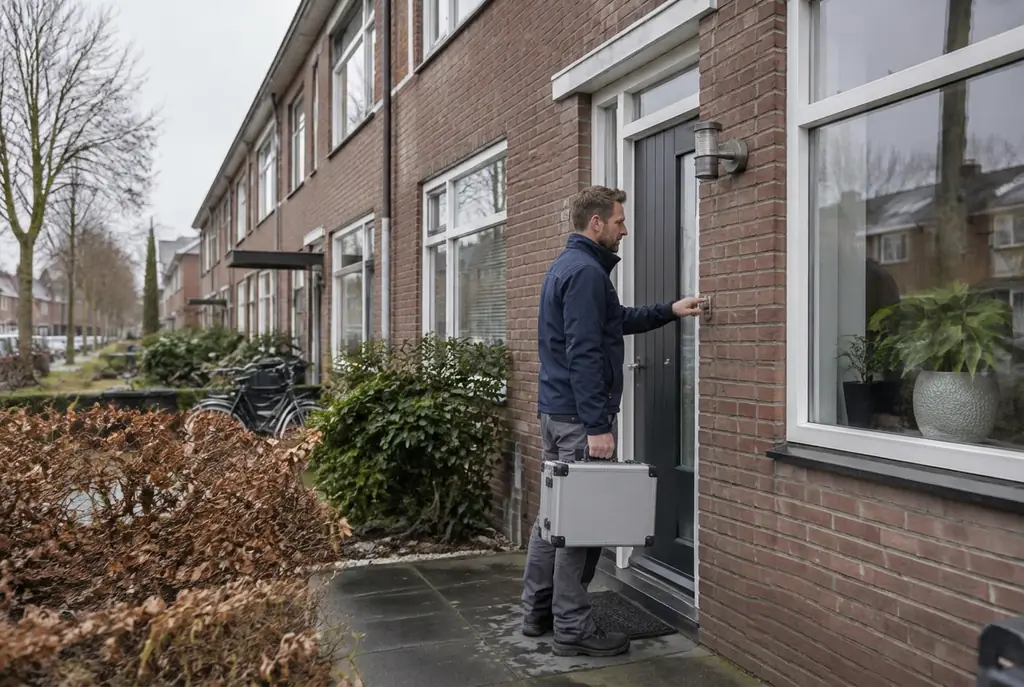 Lekdetectiespecialist met meetkoffer bij de voordeur van een woning in Eemnes